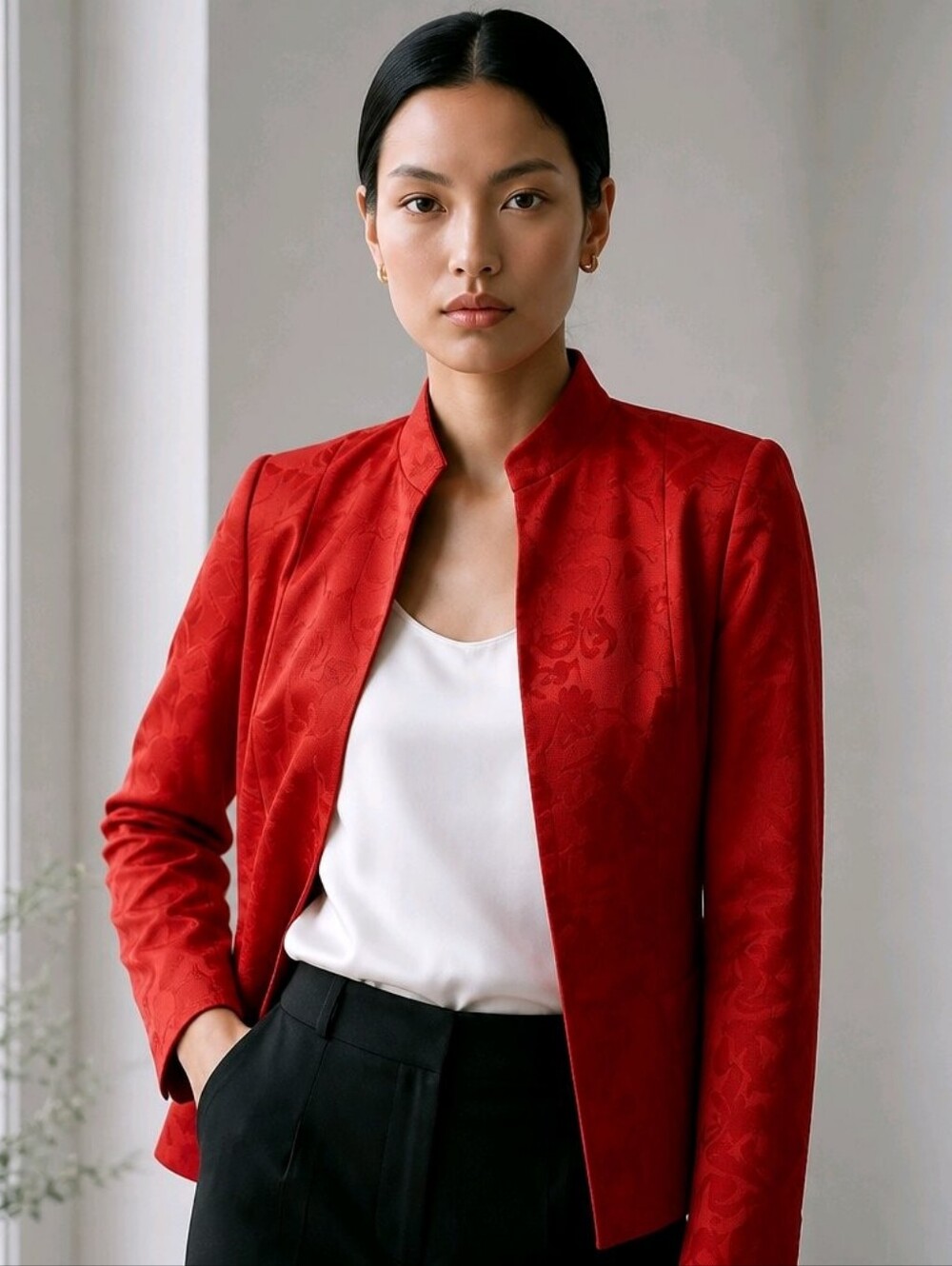 Jones New York Floral Jacquard Open-Front Blazer Jacket In Red